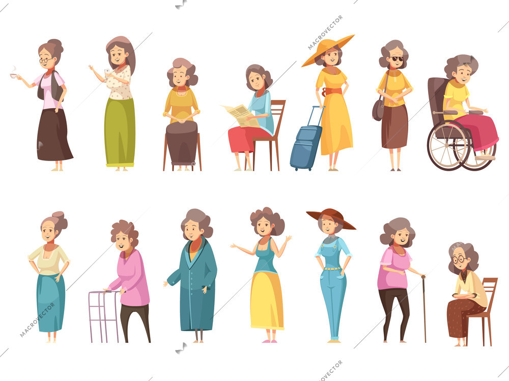 Senior woman disable old citizens with walking cane retro cartoon icons 2 banners set isolated vector illustration