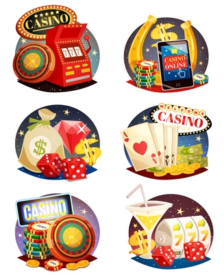 Casino decorative compositions isometric design elements with slot machine playing cards roulette and chips  isolated vector illustration