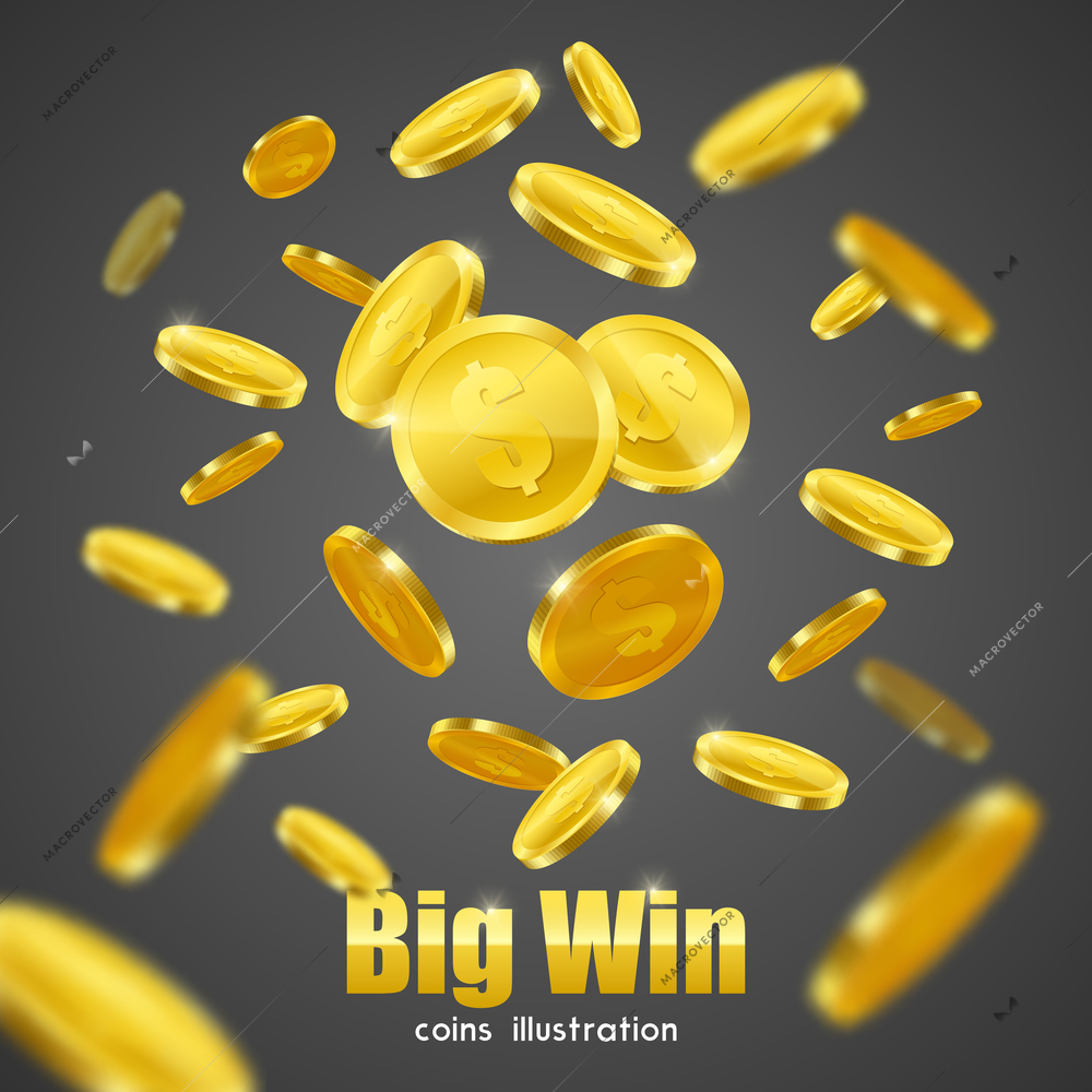 Big win business investment casino advertisement symbolic poster with flying gold coins on black background vector illustration