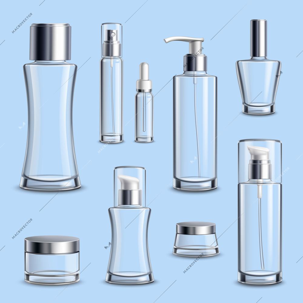 Cosmetics skincare glass empty package samples assortment realistic set wth spray bottles on blue background vector illustration