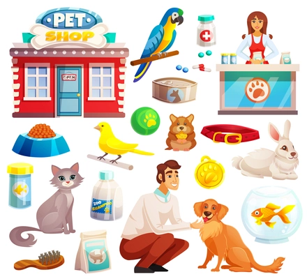 Pet shop decorative icons set with parrot rabbit dog and cat icons and goods for pets cartoon isolated vector illustration