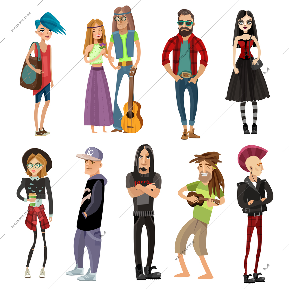 Subcultures people set in cartoon style with hippie hipster goth punk rapper and rastafarian isolated vector illustration