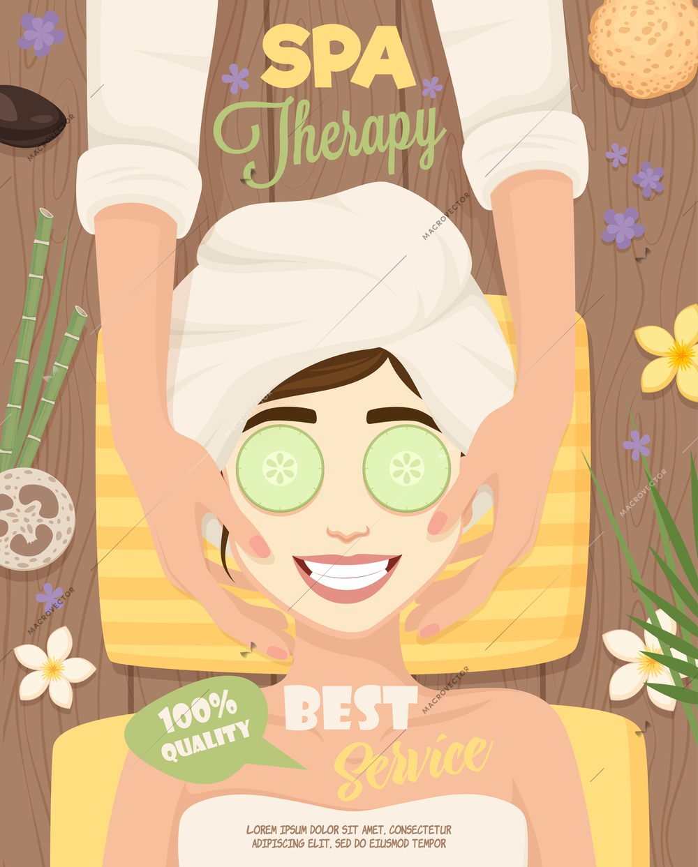 Skincare routine poster with happy cartoon woman character during aesthetic facial procedures with decorative flower elements vector illustration