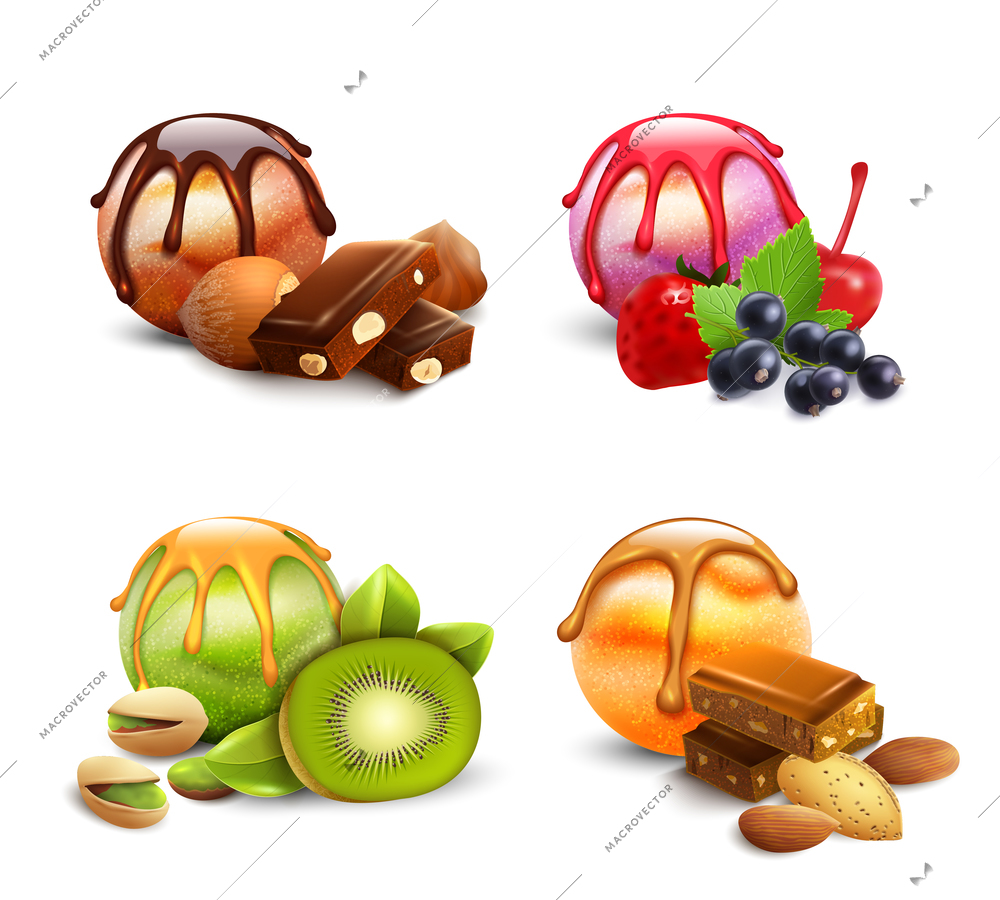 Set of isolated ice cream scoop assortment images with jam berries chocolate kiwi and nuts toppings vector illustration