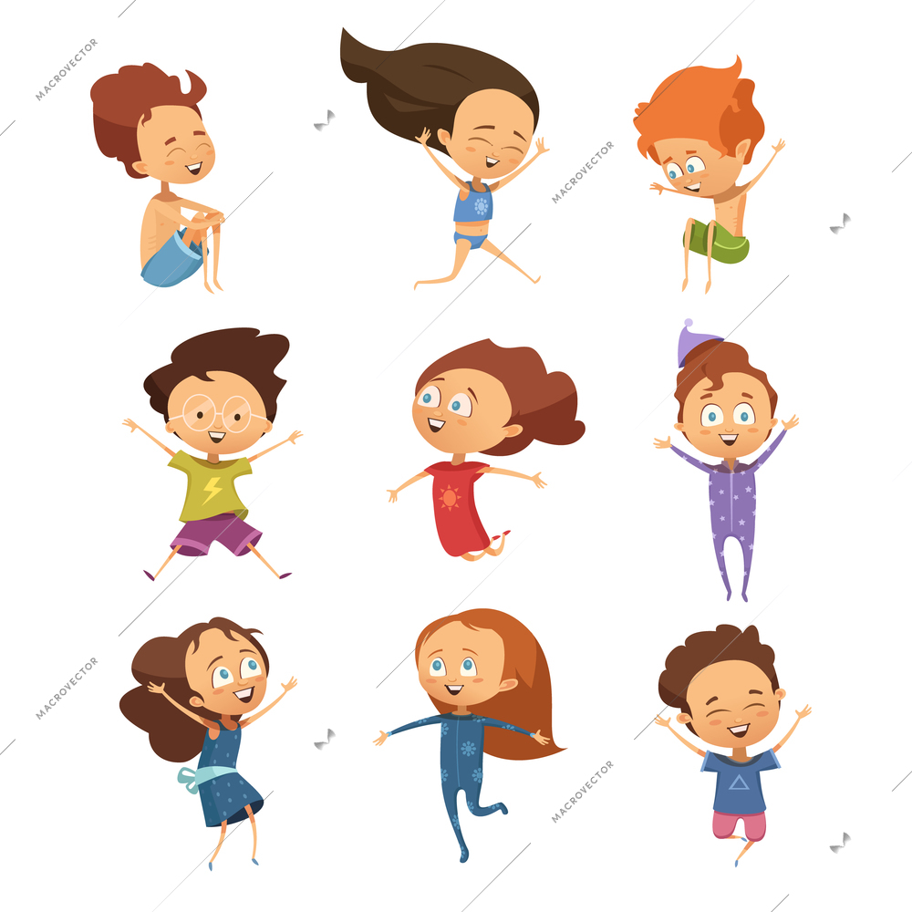 Set of isolated cute cartoon images of funny jumping little boys and girls in retro style flat  vector illustration