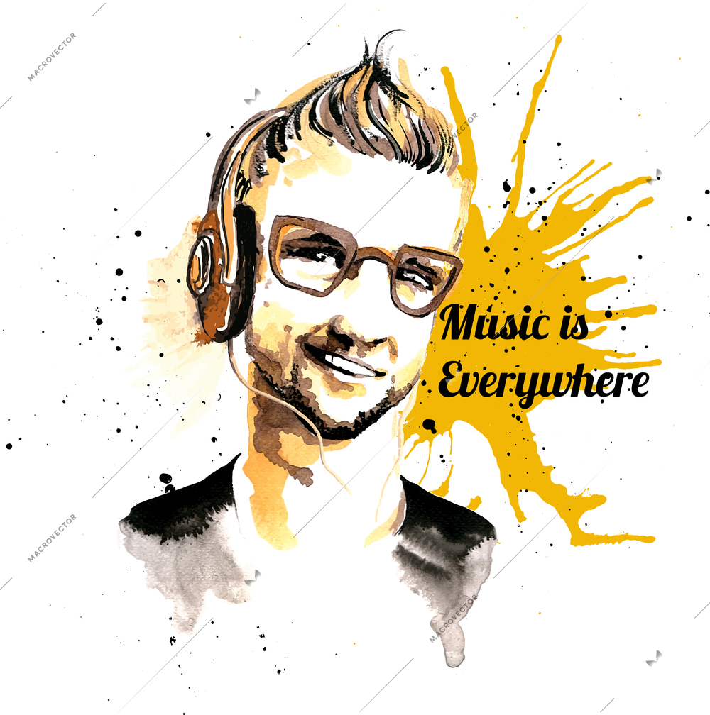 Smiling hipster character man with glasses and headphones ink drawn music poster vector illustration