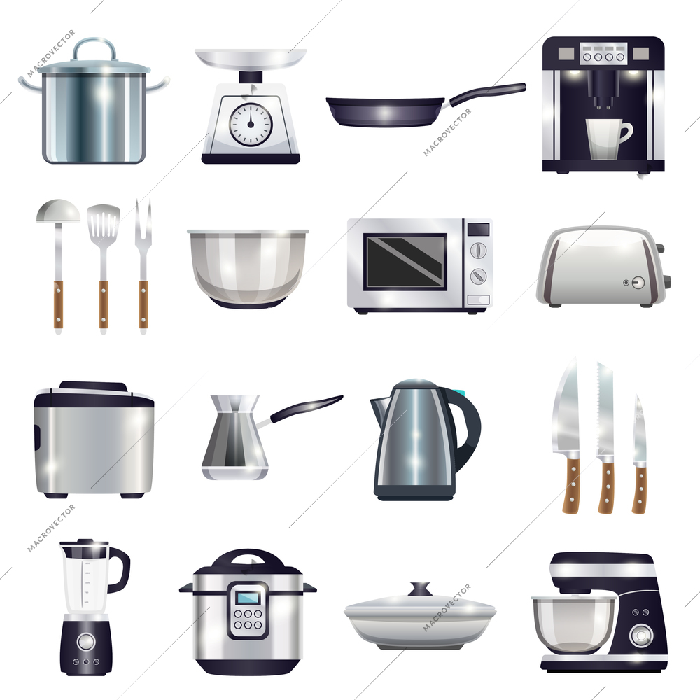 Kitchen accessories set with coffee machine, toaster, blender, microwave, food processor, kettle, cezve, knives isolated vector illustration