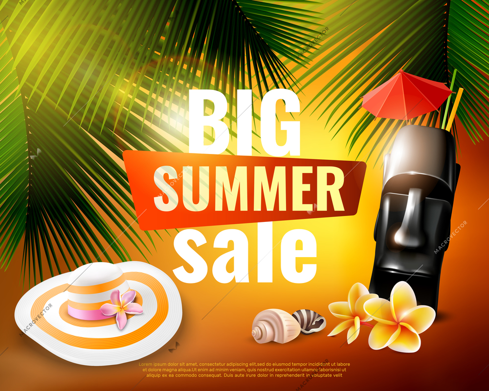 Hawaiian summer sale poster with hat, shells, tiki mug, flowers, palm branches on sunset background vector illustration