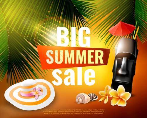 Hawaiian summer sale poster with hat, shells, tiki mug, flowers, palm branches on sunset background vector illustration