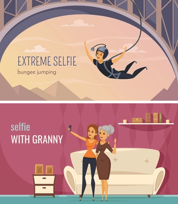 Selfie horizontal banners set with extreme and family selfie symbols flat isolated vector illustration