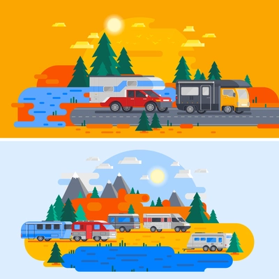 Two colored and horizontal recreational vehicles orthogonal flat composition with bright colors vector illustration