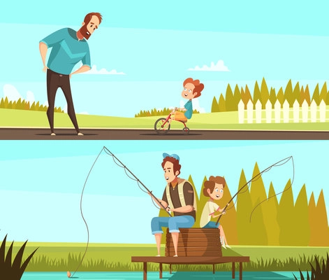 Fatherhood 2 retro cartoon outdoor activities banners with fishing together and little boy cycling isolated vector illustration