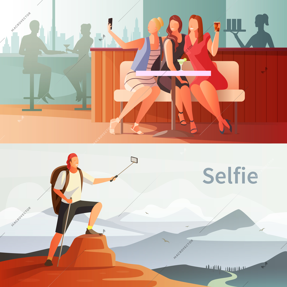 Selfie photo modern people lifestyle horizontal compositions set with group of girls in cafe and mountain climber vector illustration