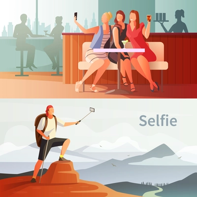 Selfie photo modern people lifestyle horizontal compositions set with group of girls in cafe and mountain climber vector illustration