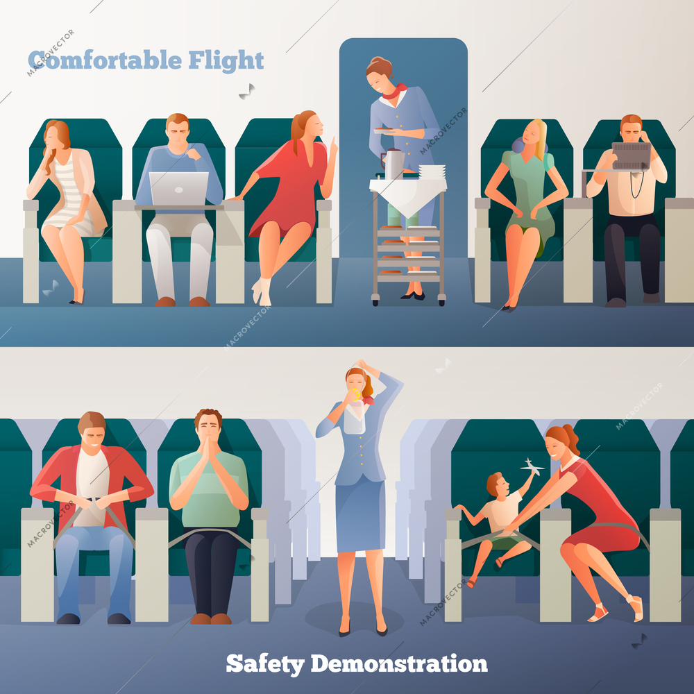 People in airplane horizontal banners with sitting passengers stewardess with drinks and safety demonstration isolated vector illustration