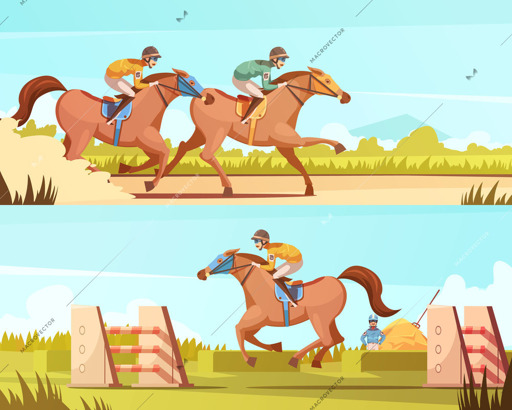 Equestrian sport horizontal banners with horse riding and racing cartoon compositions flat vector illustration