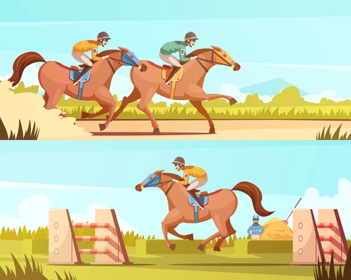 Equestrian sport horizontal banners with horse riding and racing cartoon compositions flat vector illustration