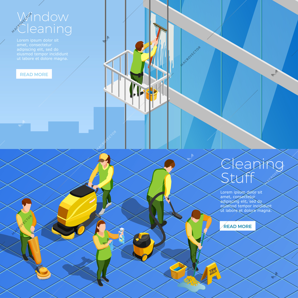 Isometric horizontal banners with stuff of industrial alpinism company cleaning skyscraper windows and office cleaners with vacuum vector illustration