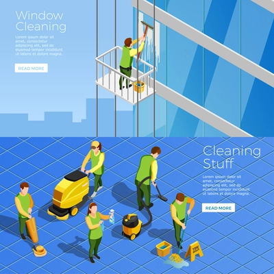 Isometric horizontal banners with stuff of industrial alpinism company cleaning skyscraper windows and office cleaners with vacuum vector illustration