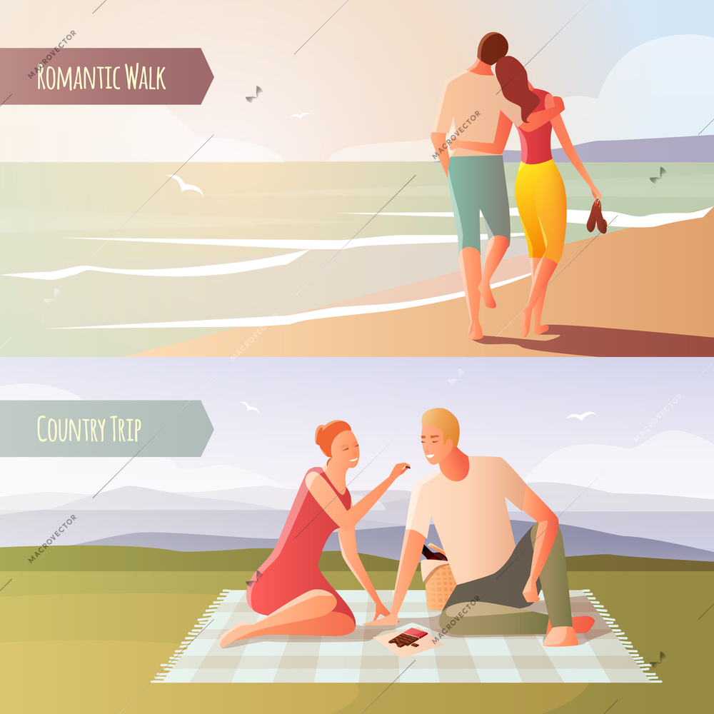 Romantic dinner dating couples flat compositions with loving couple characters suburban country trip and coastal landscape vector illustration