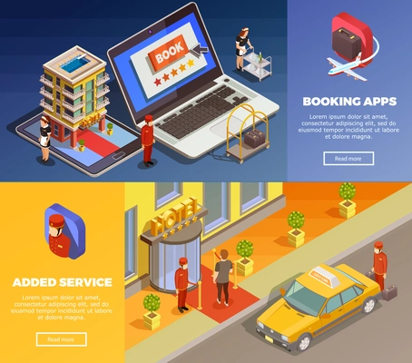 Hotel booking applications with added service isometric infographic colorful horizontal banners set isolated vector illustration