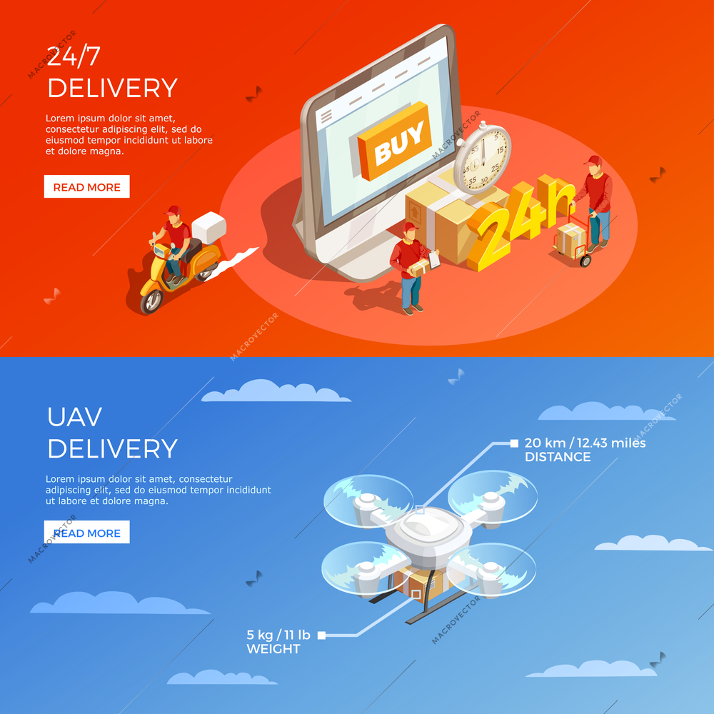 Delivery horizontal banners with online buy around the clock and courier drone compositions isometric vector illustration