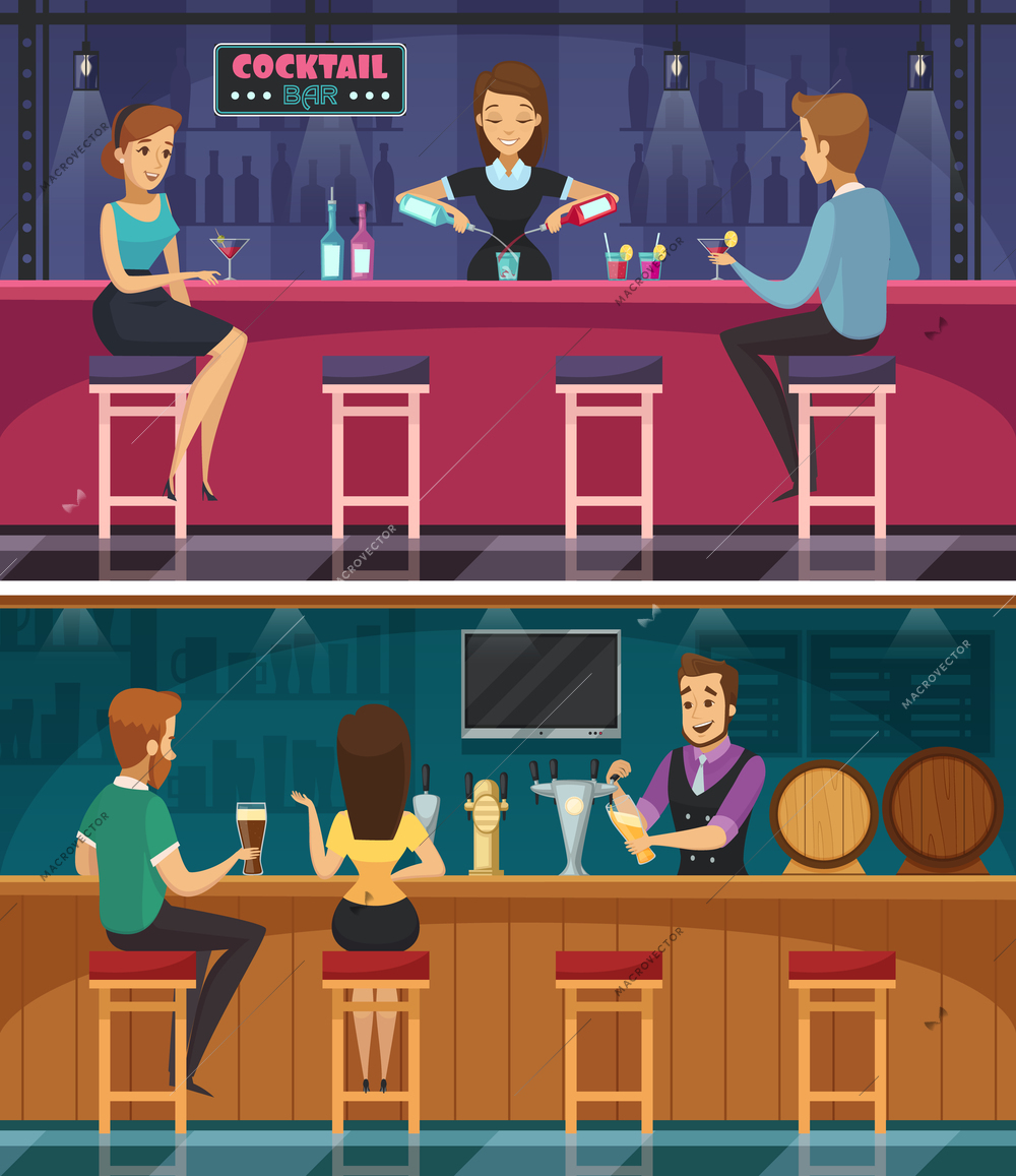 Cocktail bar cartoon horizontal banners with bar staff mixing drinks and young couple at bar rack flat vector illustration