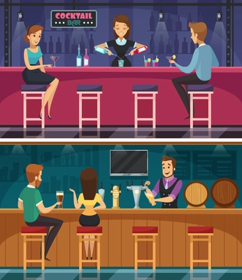 Cocktail bar cartoon horizontal banners with bar staff mixing drinks and young couple at bar rack flat vector illustration