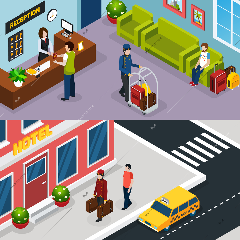 Two horizontal hotel service isometric banner set with working process on reception and welcome guest service vector illustration