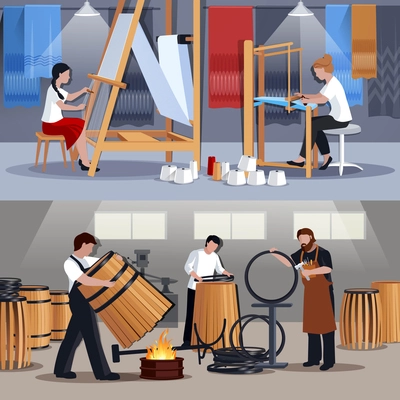 Craftspeople at work 2 flat banners composition with coopers barrelmakers ans wavers at looms isolated vector illustration