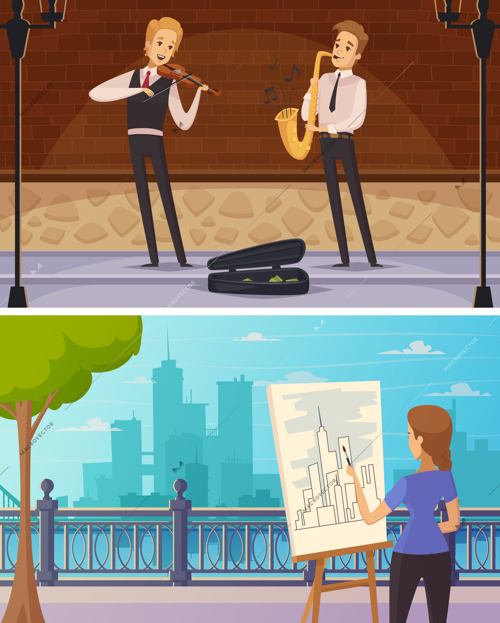 Street artists cartoon horizontal banners with girl at easel and musicians playing outdoor flat vector illustration
