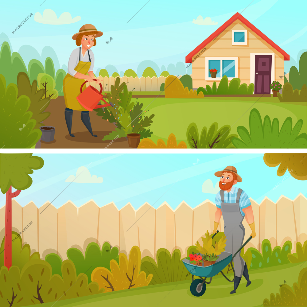 Two colored horizontal gardening banner set with seedlings and watering flower beds vector illustration