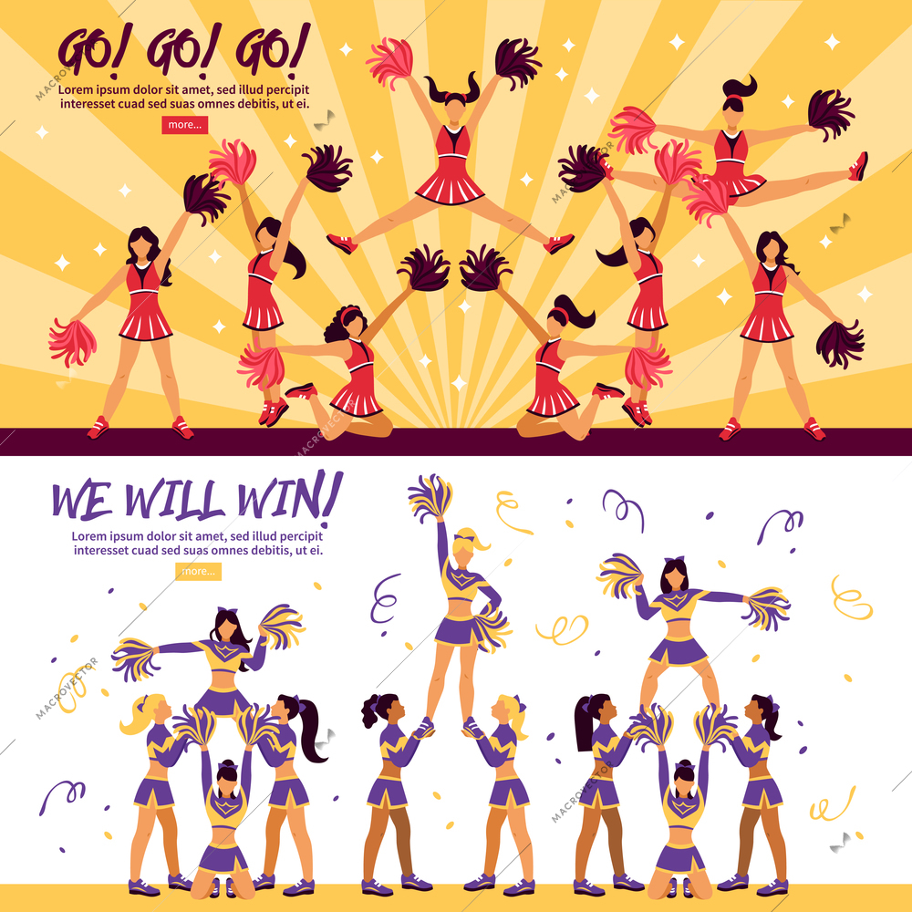 Football soccer sport clubs cheerleaders and supporters  information 3 flat horizontal banners webpage design isolated vector illustration