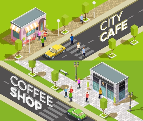 Set of two horizontal cafe isometric banners with urban scenery and small coffee shops with 3d text vector illustration