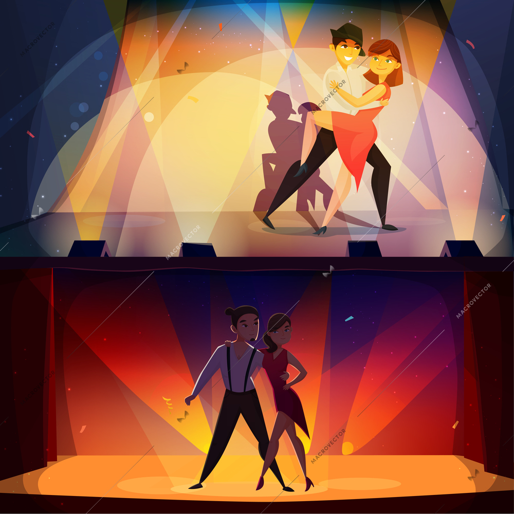 Salsa and tango onstage 2 retro cartoon banners with dancing pairs in spotlights nostalgic poster isolated vector illustration