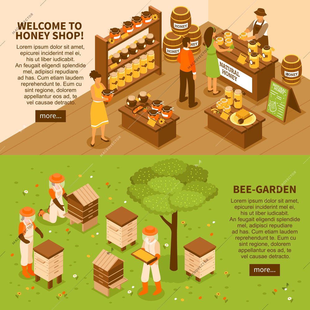 Bee garden farm with beehives and natural organic honey shop 2 horizontal isometric banners set vector illustration