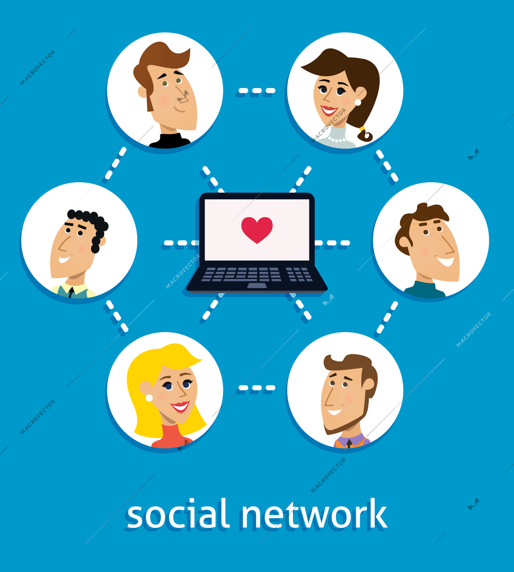 Social network concept with male and female avatars and laptop with heart symbol vector illustration