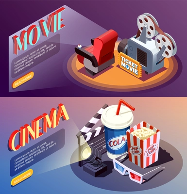 Set of two horizontal isometric cinema banners with compositions of cumbersome objects with read more button vector illustration