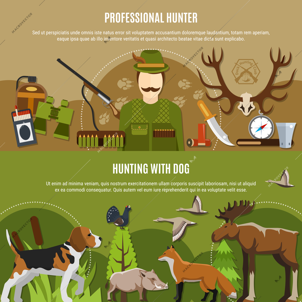 Professional hunter horizontal banners set with wild animals symbols flat isolated vector illustration