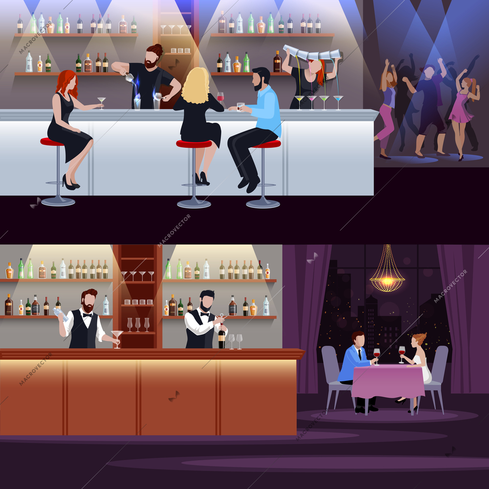 Two horizontal cocktail people composition set with atmosphere in bar and restaurant vector illustration