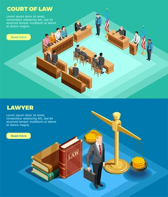 Set of two horizontal law banners with isometric compositions of court proceedings with read more button vector illustration