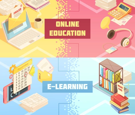 Online education horizontal isometric banners with mobile devices, electronic information, audio learning, tutorials, calculator isolated vector illustration