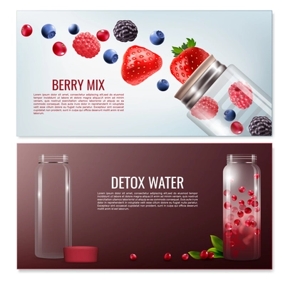 Detox beverages horizontal banners including transparent bottles with berries on light and dark background isolated vector illustration