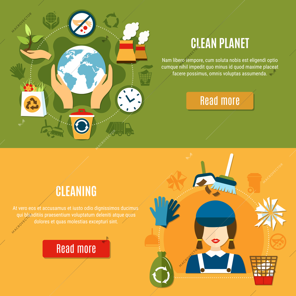 Set of two horizontal garbage banners with cleaning icons and recycling pictograms with read more buttons vector illustration