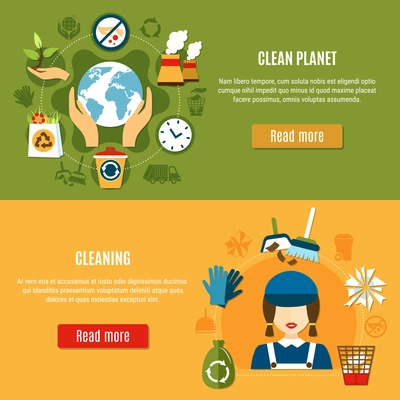 Set of two horizontal garbage banners with cleaning icons and recycling pictograms with read more buttons vector illustration