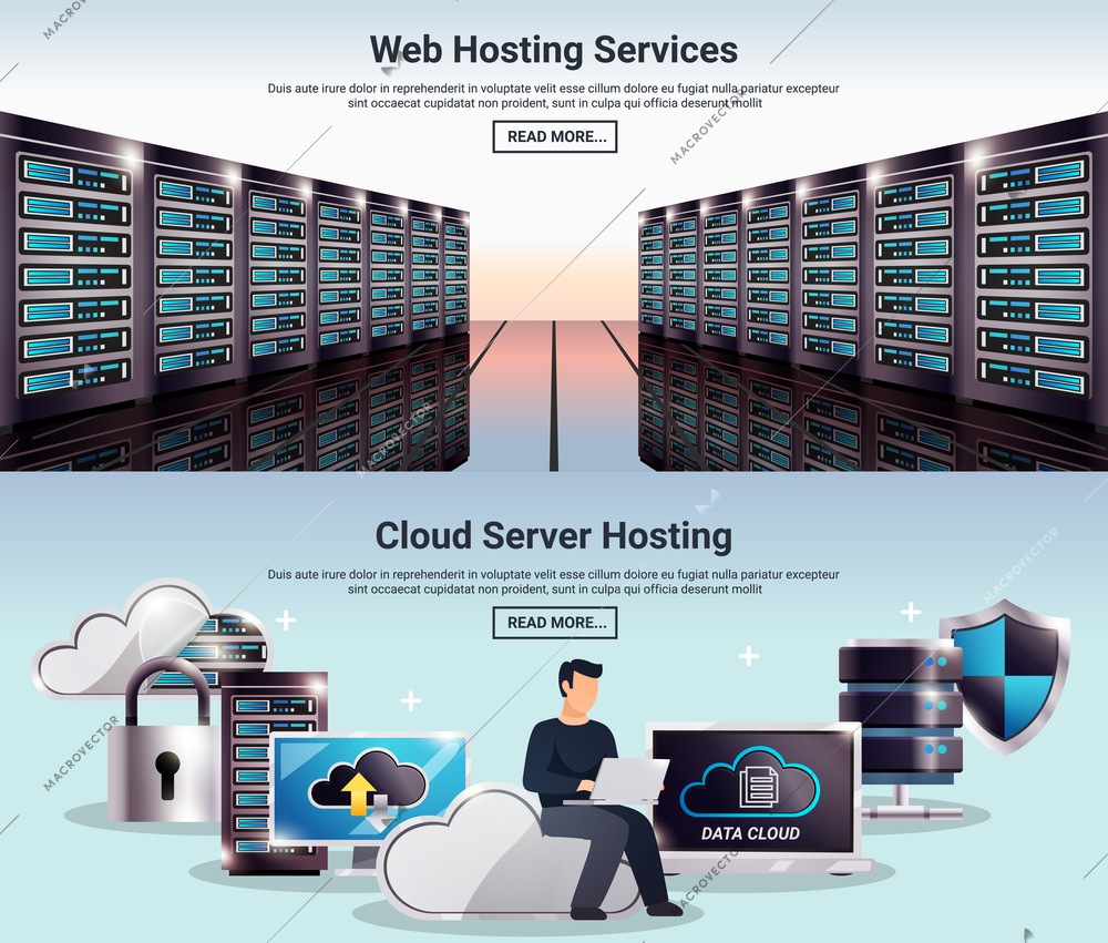 Two colored horizontal datacenter banner set with web hosting services cloud server hosting descriptions vector illustration