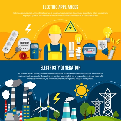 Horizontal flat banners with electric appliances and power generation on blue and yellow background isolated vector illustration