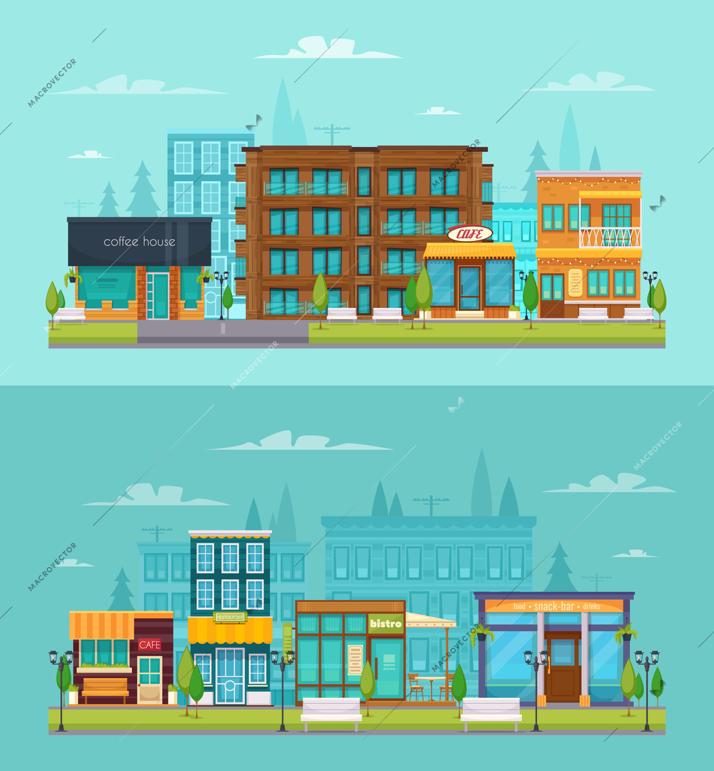 City street view 2 flat horizontal banners set with coffee house snack bar cafe isolated vector illustration