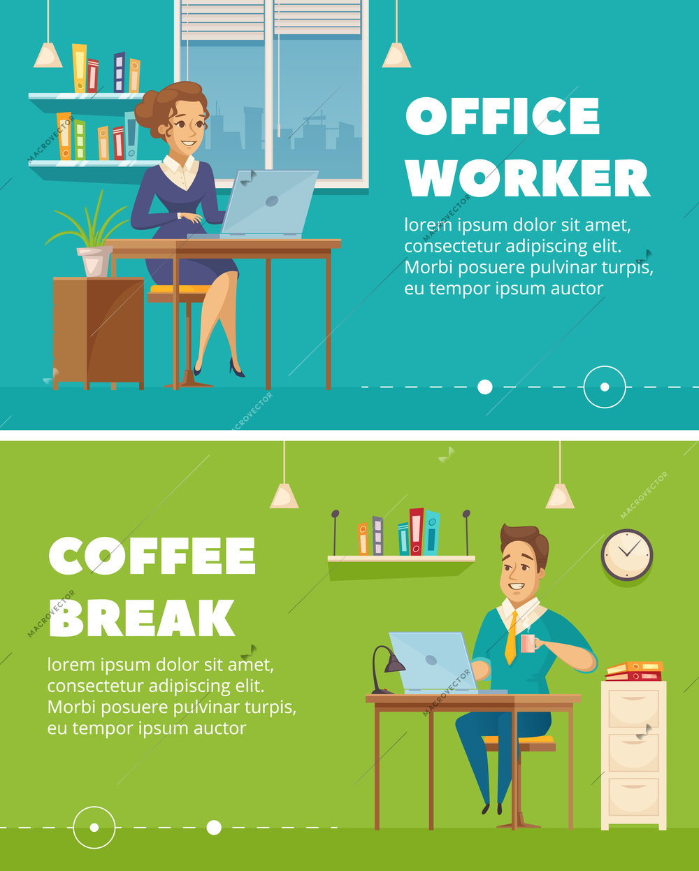 Office staff worker coffee break 2 horizontal retro banners set with personnel cartoon characters isolated vector illustration