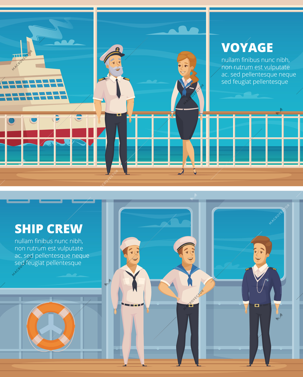 Yacht voyage ship crew members characters 2 horizontal cartoon banners with captain and sailors isolated vector illustration